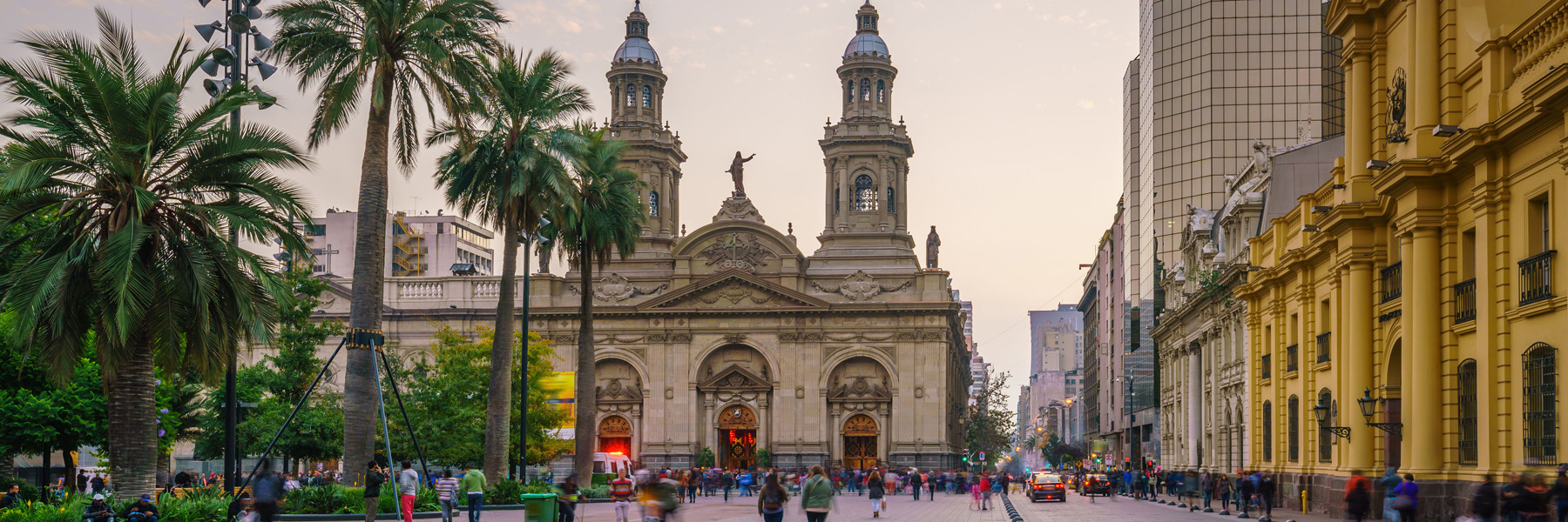Ornate, colorful buildings and palm trees 
