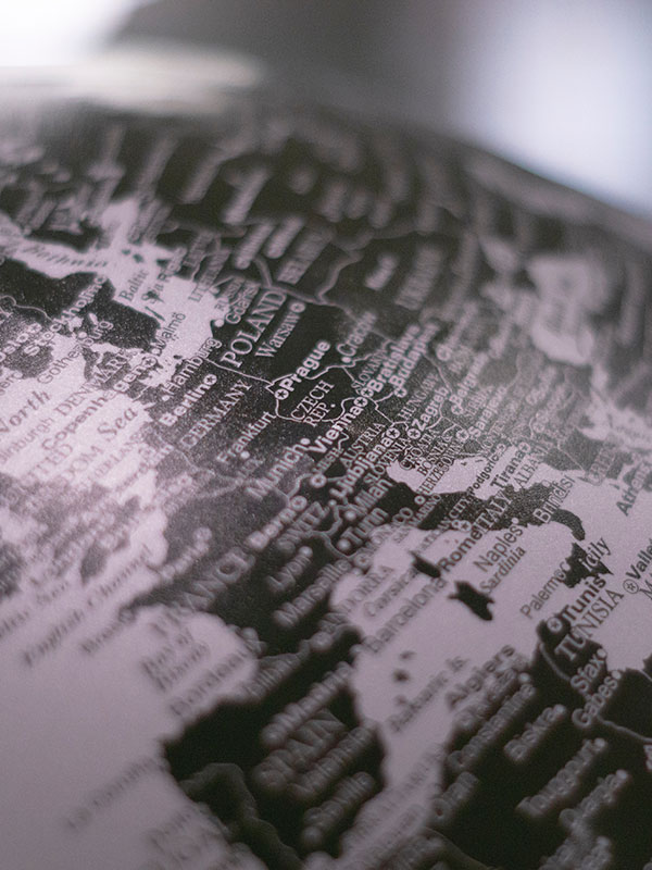 A close-up of a Spanish-language globe.
