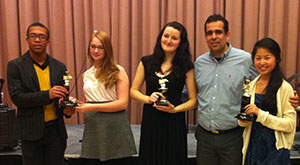 Song Fest winners William Northquist, Sarah Yde, Rachel Colegrove, event coordinator Israel Herrera and Kelley Carina Liu